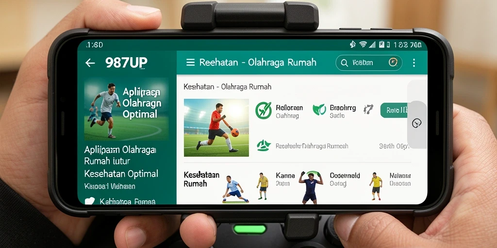 Screenshot aplikasi 987UP menampilkan antarmuka latihan olahraga rumah.