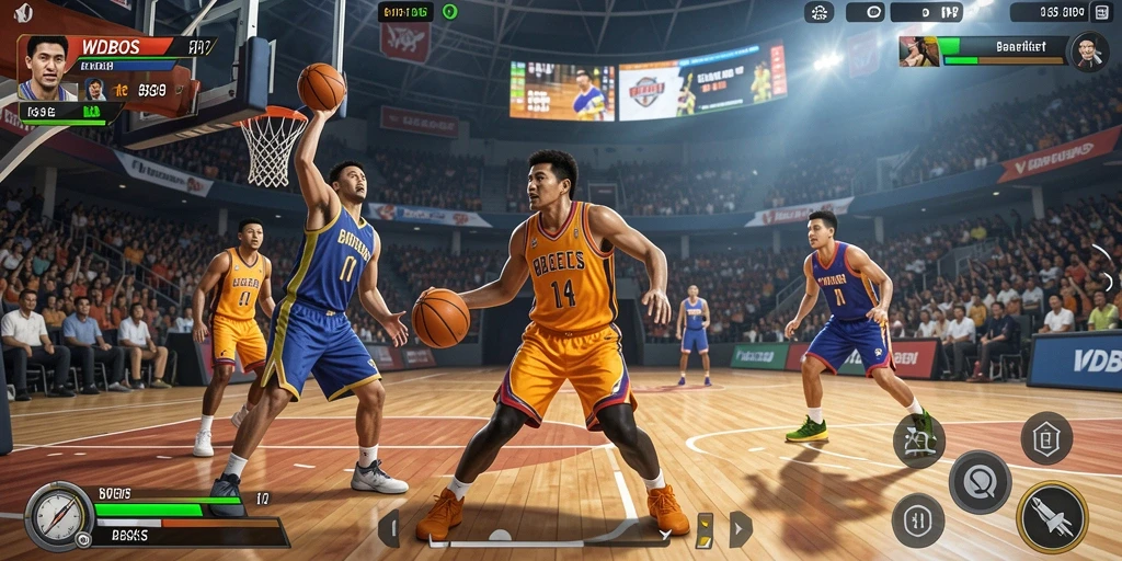 Tampilan antarmuka WDBOS yang dinamis dan atraktif saat bermain basket.